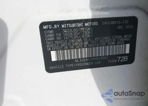 2017 Mitsubishi Mirage Es from USA, damaged, VIN ML32A3HJ3HH018562